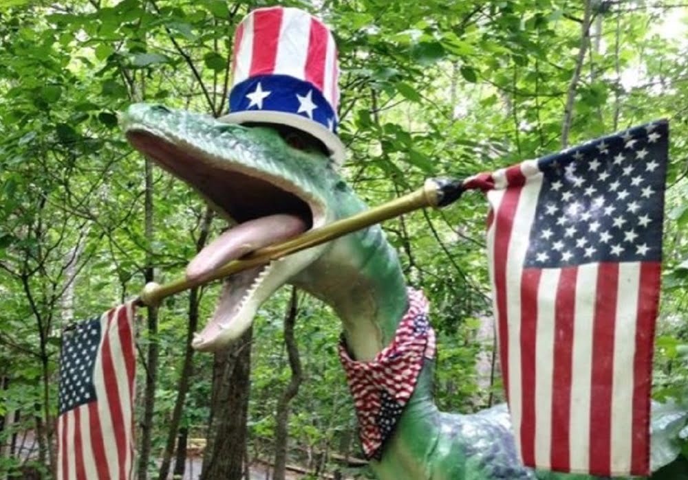 Dino with flags in park